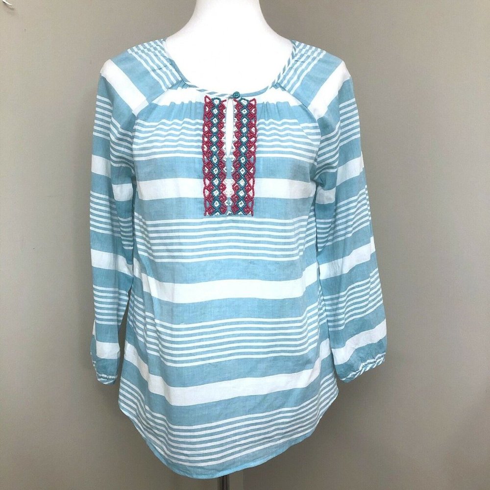 Talbots Striped Tunic Top Womens Small Turquoise White Embroidered Beaded